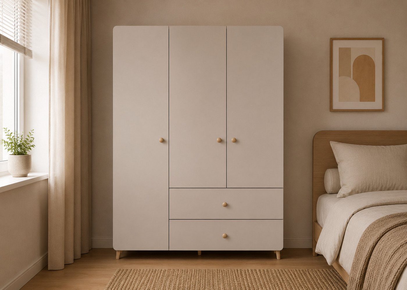 MOEBLO Drehtürenschrank MERK 3S2T (120 cm breit, mit 3 Türen, 2 Schubladen, 4 Einlegeböden, Kleiderstange und Holzgriffen, Kaschmir) (BxHxT):120 x 204 x 50 cm Bild 3