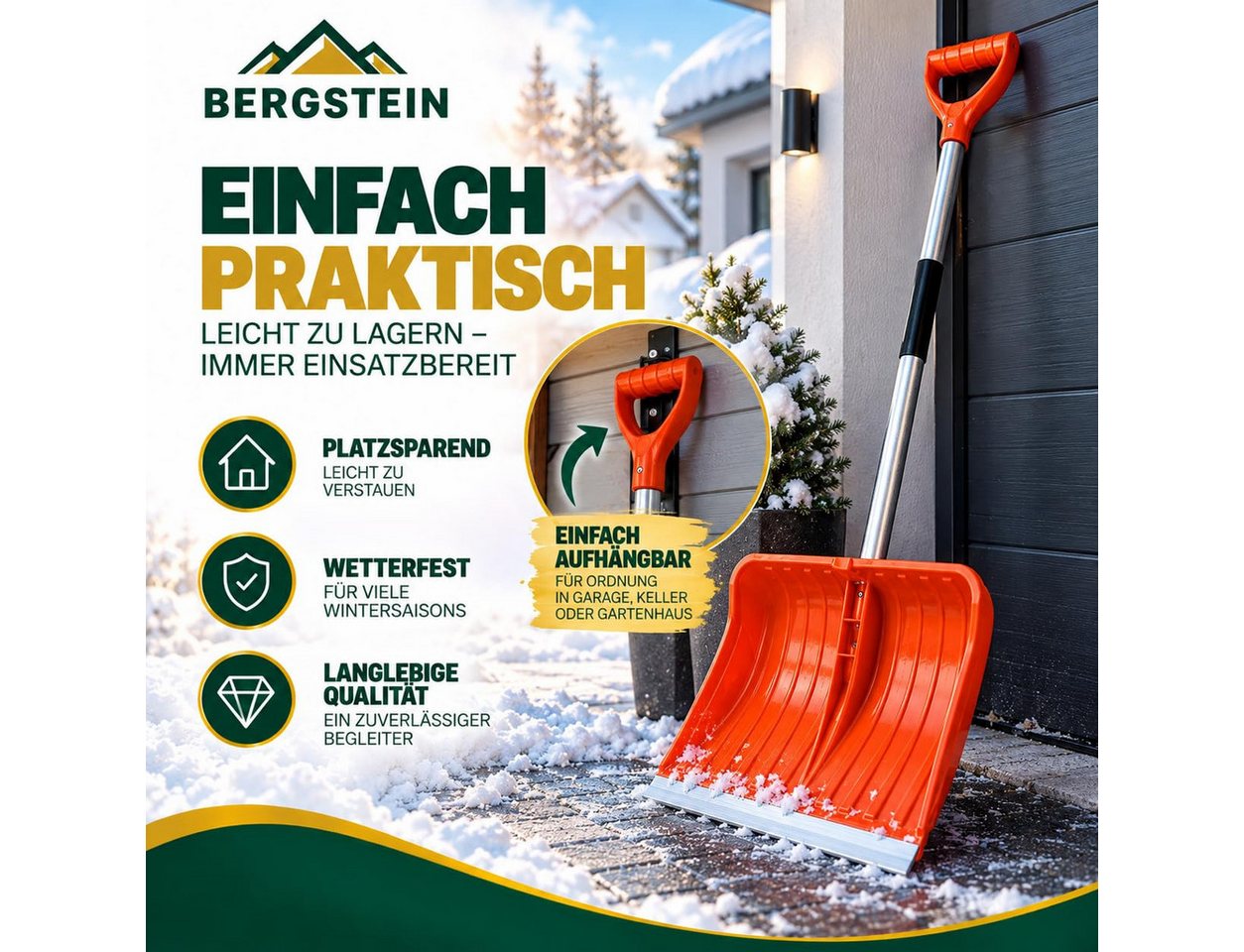Bergstein Schneeschieber groß [50 cm] Profi Schneeschaufel mit Alu-Stiel und Aluminiumkante, 50 cm Arbeitsbreite, 50 cm breit, 137 cm Alu-Stiel, Aluminiumkante, Made in EU