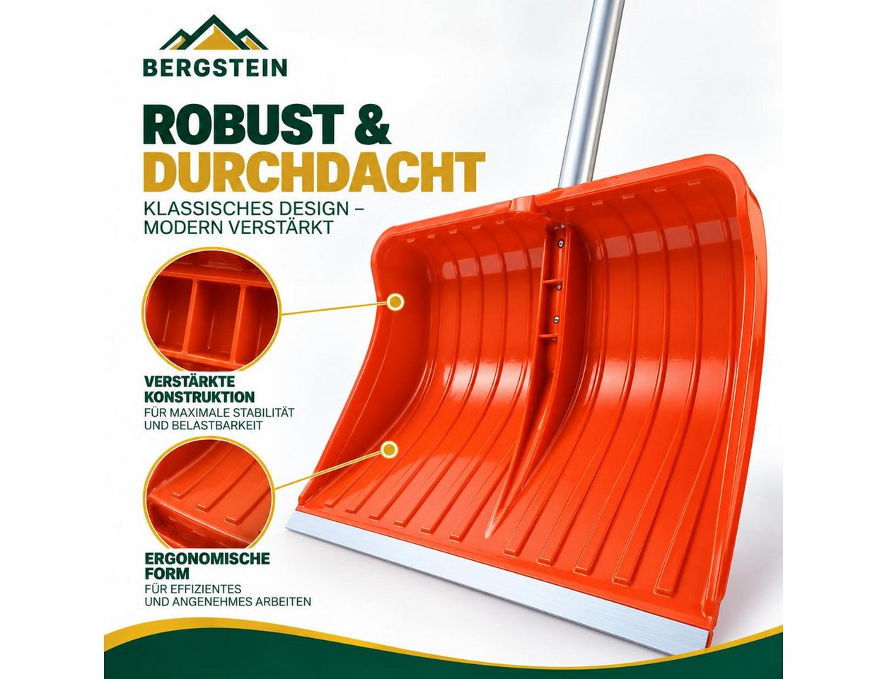 Bergstein Schneeschieber groß [50 cm] Profi Schneeschaufel mit Alu-Stiel und Aluminiumkante, 50 cm Arbeitsbreite, 50 cm breit, 137 cm Alu-Stiel, Aluminiumkante, Made in EU Bild 2