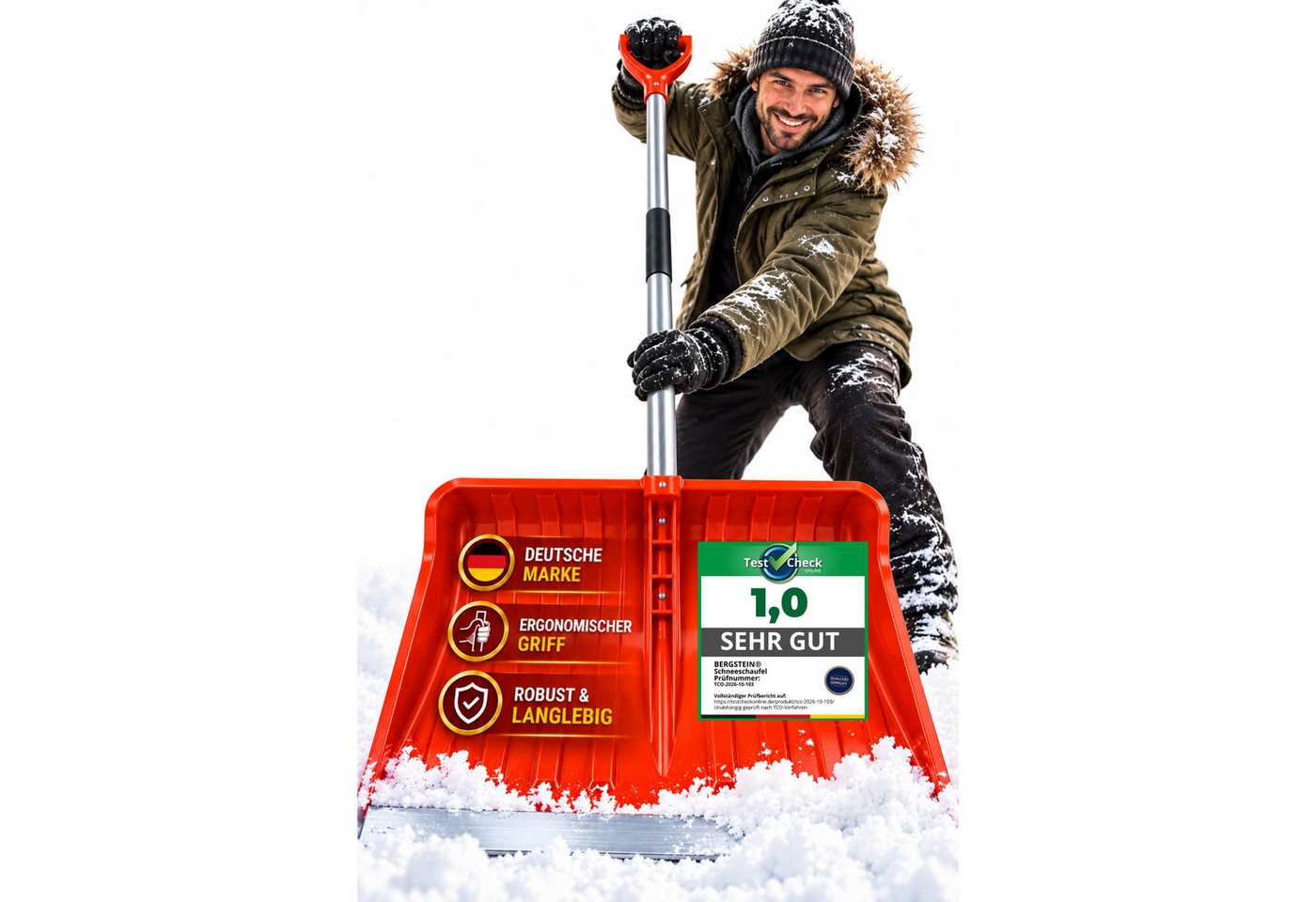 Bergstein Schneeschieber groß [50 cm] Profi Schneeschaufel mit Alu-Stiel und Aluminiumkante, 50 cm Arbeitsbreite, 50 cm breit, 137 cm Alu-Stiel, Aluminiumkante, Made in EU Bild 3