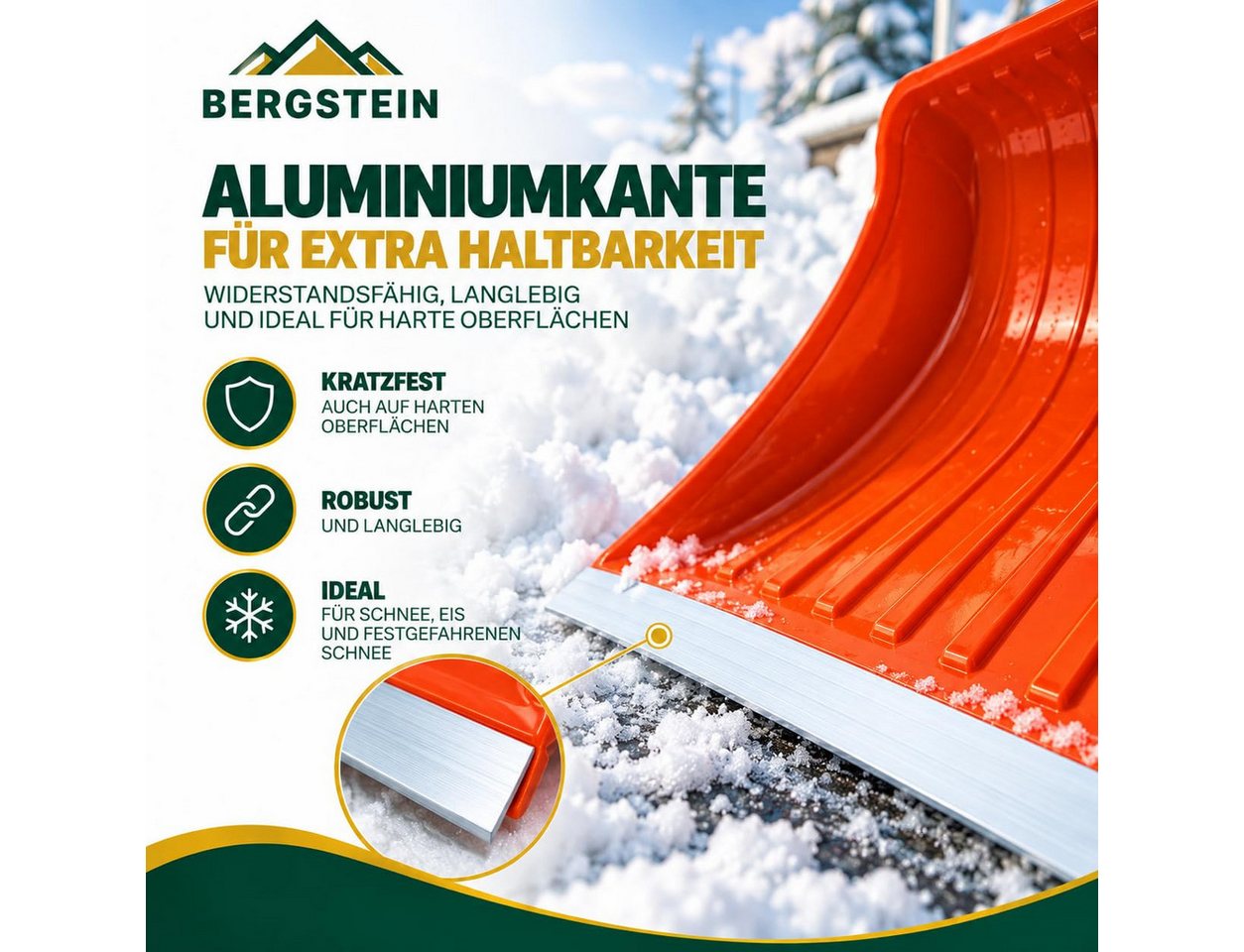 Bergstein Schneeschieber groß [50 cm] Profi Schneeschaufel mit Alu-Stiel und Aluminiumkante, 50 cm Arbeitsbreite, 50 cm breit, 137 cm Alu-Stiel, Aluminiumkante, Made in EU Bild 5