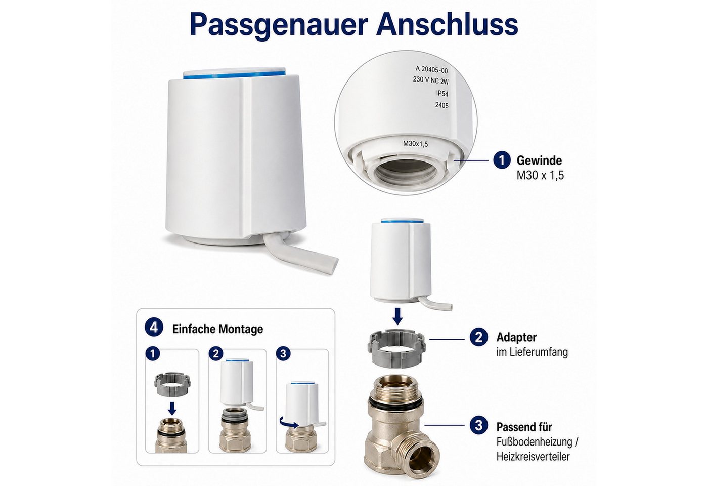 ART OF BAAN Heizkörperthermostat Stellantrieb Heizkreisverteiler Fußbodenheizung 230V NC M30x1,5 IP54