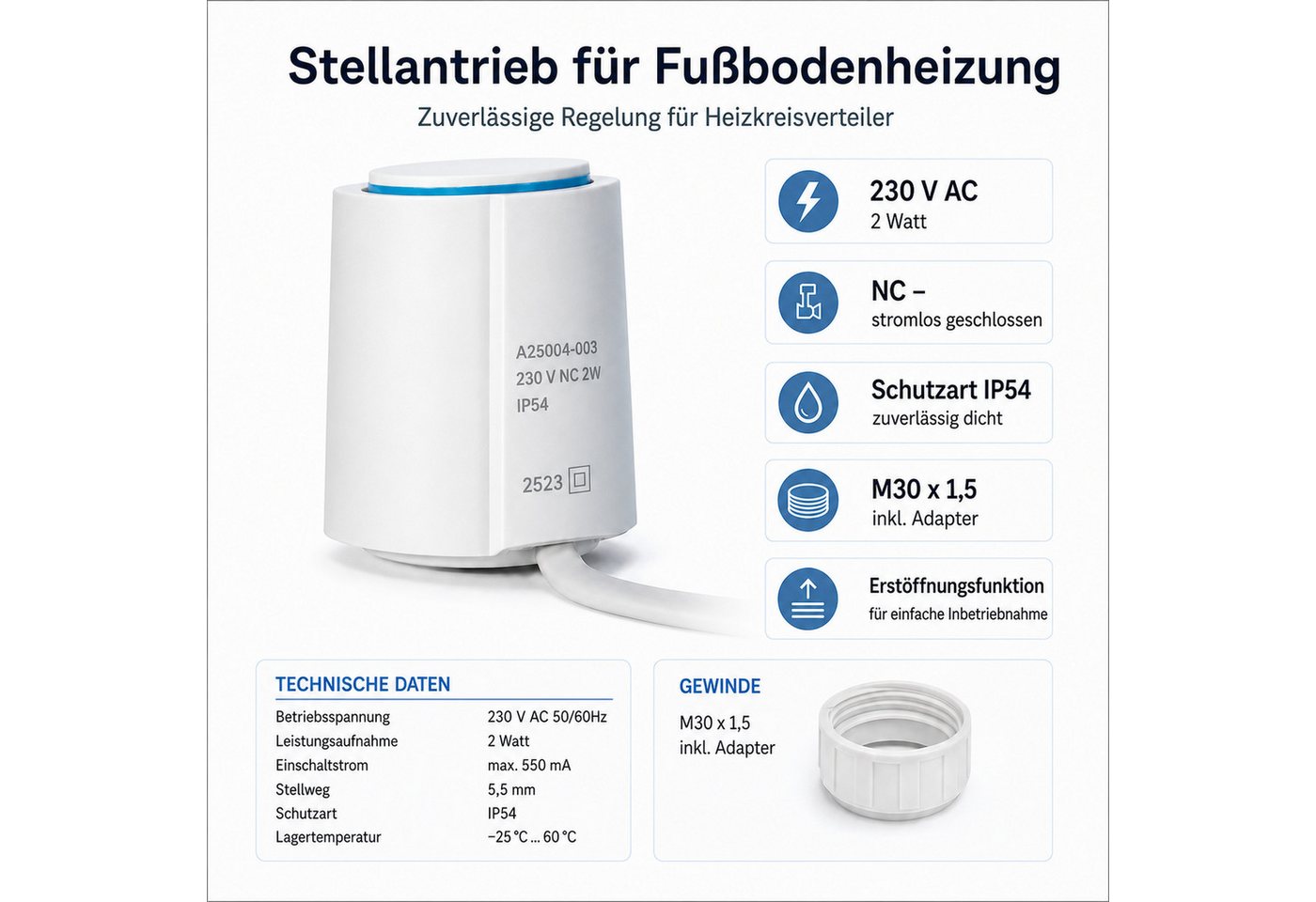 ART OF BAAN Heizkörperthermostat Stellantrieb Heizkreisverteiler Fußbodenheizung 230V NC M30x1,5 IP54 Bild 2