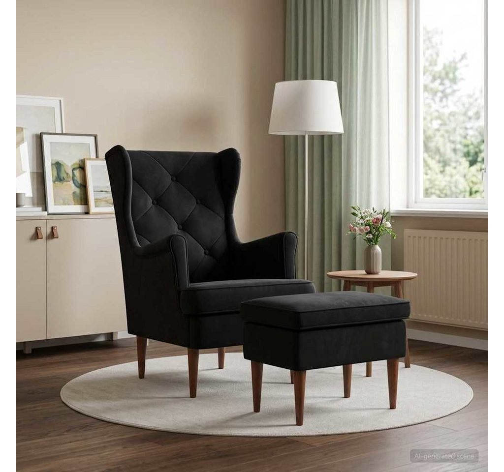 vidaXL Gartenlounge-Set Sessel mit Fußhocker 2 stk. Schwarz Samt, (2-tlg) Bild 4