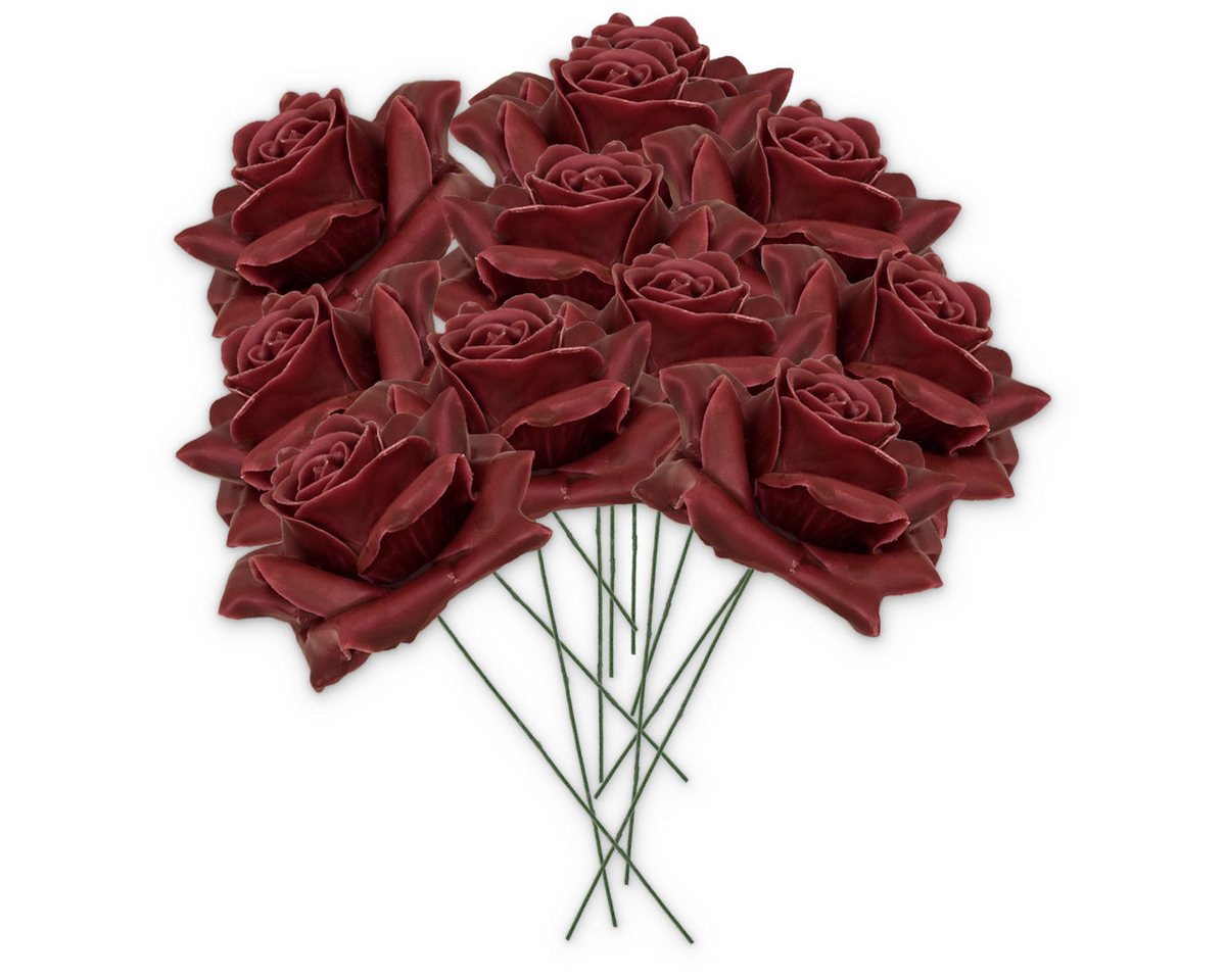 matches21 HOME & HOBBY Bilderrahmen Wachsrosen mit Stiel als Kunstrosen Rosen-Blüten in bordeaux rot, (10 St), 10 künstliche Wachs-Blüten Textil-Rosen Blumengestecke Deko-Rosen Bild 3