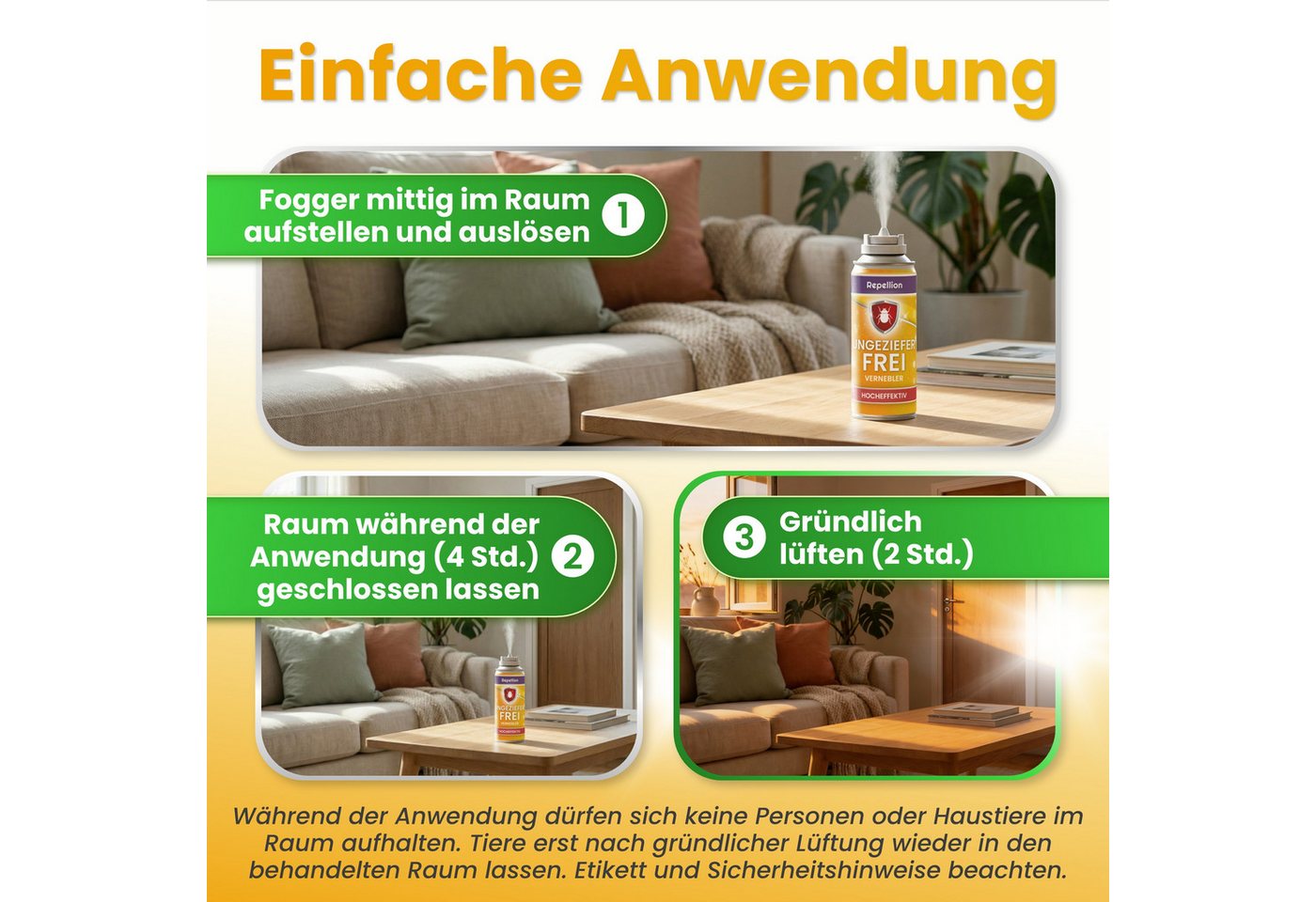 Repellion Insektenspray Ungeziefer Fogger, Vernebler bis 58 m³ je Dose, Nebelautomat Repellent, 600 ml, 4-St., hält Schaben, Flöhe, Bettwanzen, Hausstaubmilben & Motten fern Bild 2