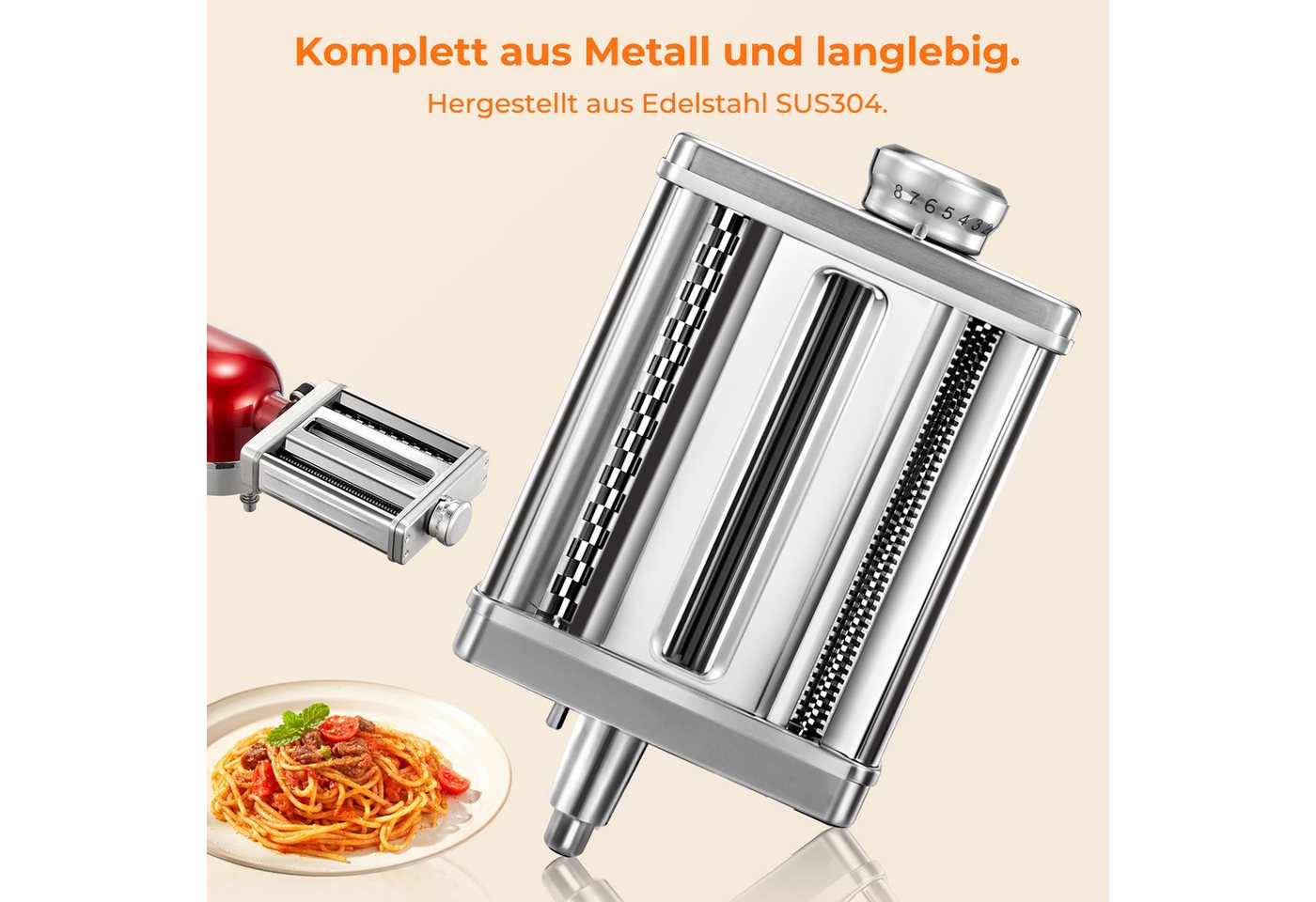 FOHERE Nudelmaschine 3-in-1-Nudelaufsatz für KitchenAid Küchenmaschine, Edelstahl, Breite Nudeln, dünne Nudeln, Nudelpresse Bild 4