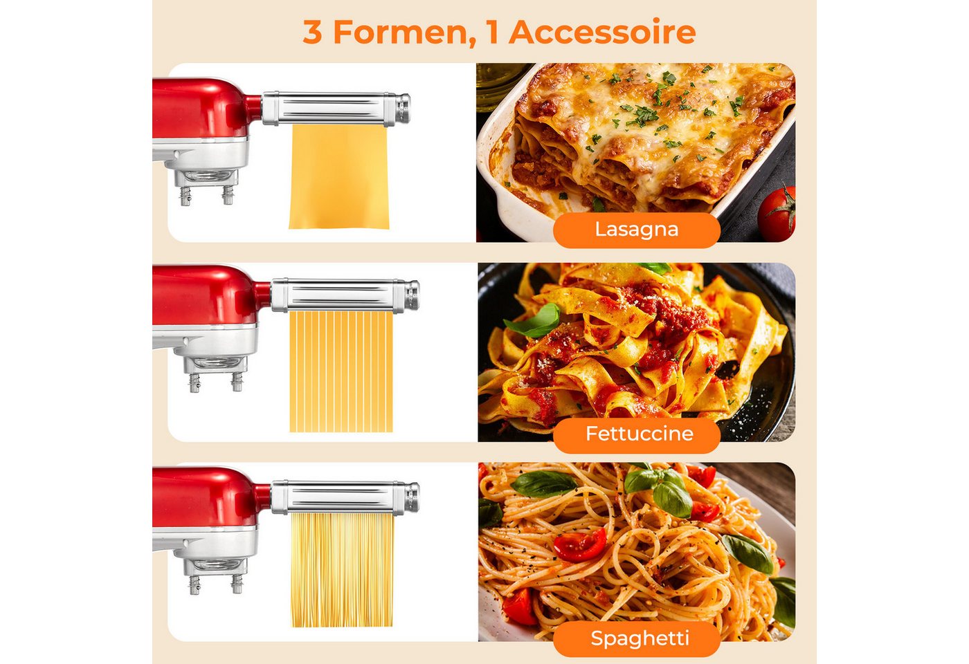 FOHERE Nudelmaschine 3-in-1-Nudelaufsatz für KitchenAid Küchenmaschine, Edelstahl, Breite Nudeln, dünne Nudeln, Nudelpresse Bild 5