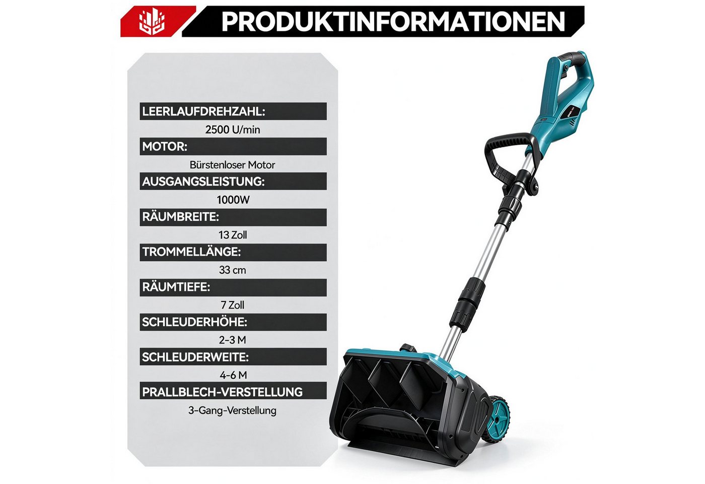 ONEVAN Akku-Schneefräse 1000W bürstenloser Motor, 2500 U/min, kabellose Elektro-Schneeschaufel, 33 cm Arbeitsbreite, (ohne Akku), 32 cm Arbeitsbreite, verstellbare Richtungsplatte, Teleskopstange Bild 3