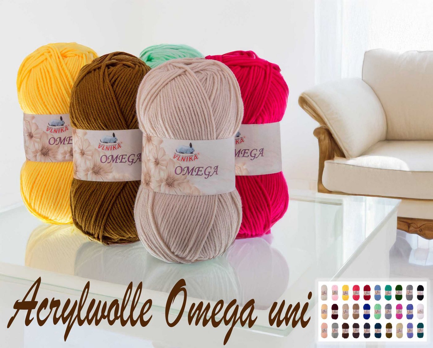 maDDma 5x100g Strickgarn Omega uni Häkelgarn Acrylwolle Klassikgarn Wolle Häkelwolle, 1200 m (Sparpaket), beige Bild 2