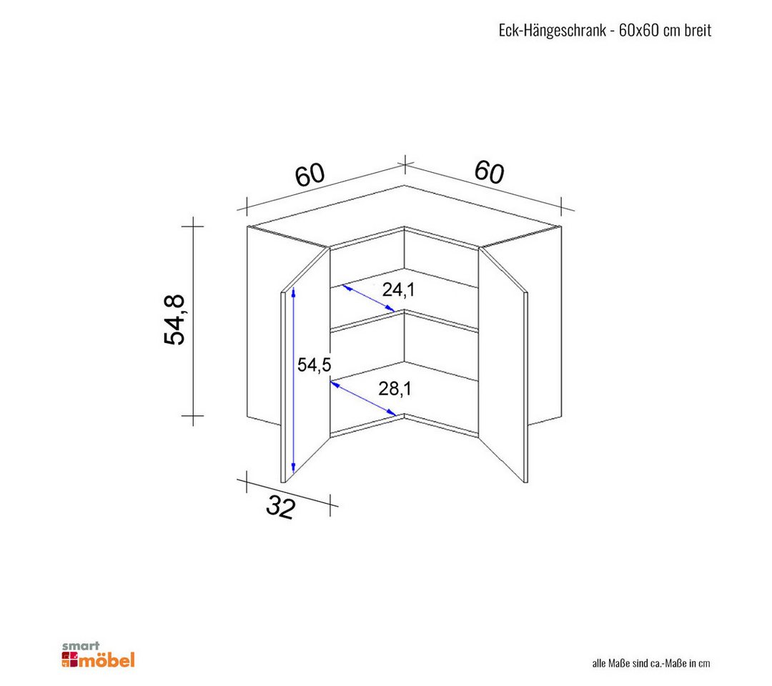 Flex-Well Eckhängeschrank Eckhängeschrank Küche - 60 x 60 cm breit - Hochglanz Weiß Sonoma Eiche Bild 2