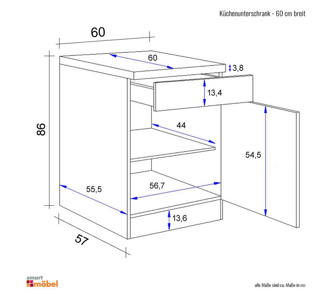 Flex-Well Unterschrank Küchenunterschrank - 60 cm breit - Hochglanz Weiß Sonoma Eiche – Valen Bild 5