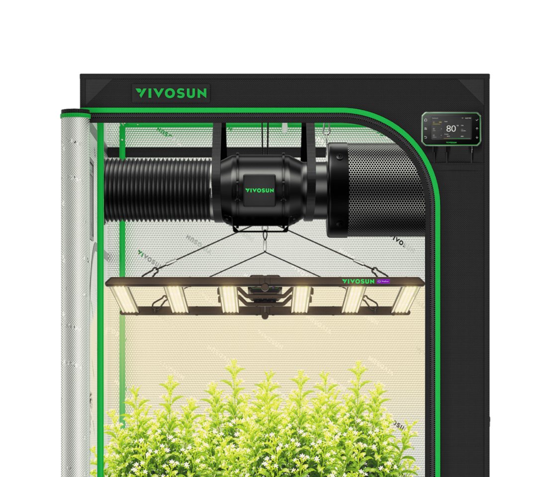 VIVOSUN Gewächshaus VIVOSUN Smart Growbox Komplettset, BxTxH: 120 x 120 x 200 cm, Komplettset inkl. Beleuchtung, Belüftung und WLAN-Steuerung, LumaLight 500W LED, G6-Abluftsystem und E42A+ Smart-Controller