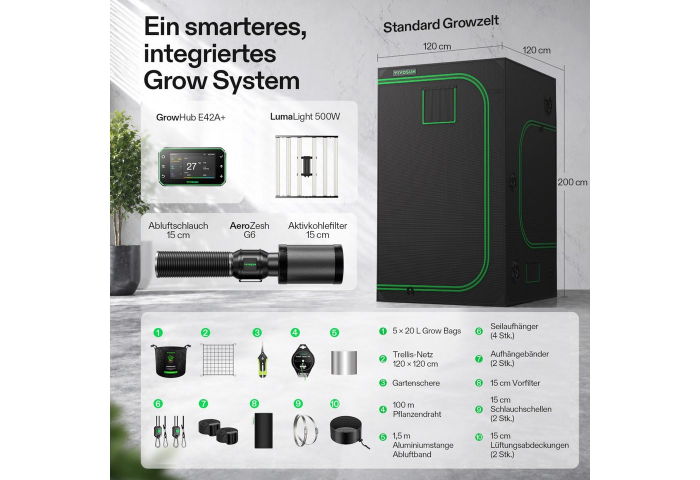 VIVOSUN Gewächshaus VIVOSUN Smart Growbox Komplettset, BxTxH: 120 x 120 x 200 cm, Komplettset inkl. Beleuchtung, Belüftung und WLAN-Steuerung, LumaLight 500W LED, G6-Abluftsystem und E42A+ Smart-Controller Bild 5
