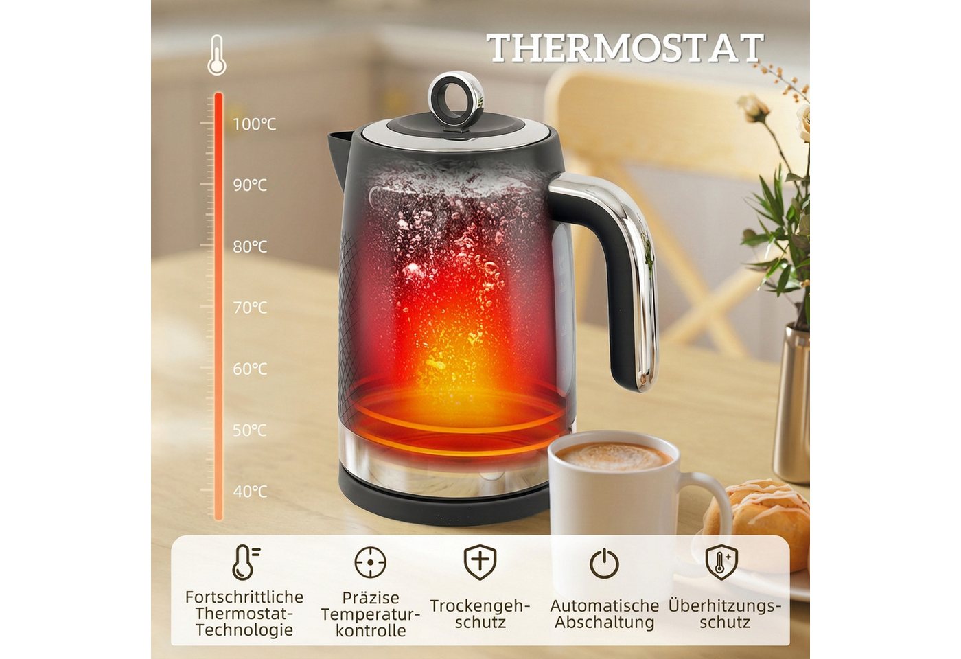 HOMCOM Frühstücks-Set Schnellkoch-Wasserkocher und Toaster mit Thermostat und Kalkfilter (1-tlg), Set aus Wasserkocher und Toaster Bild 4