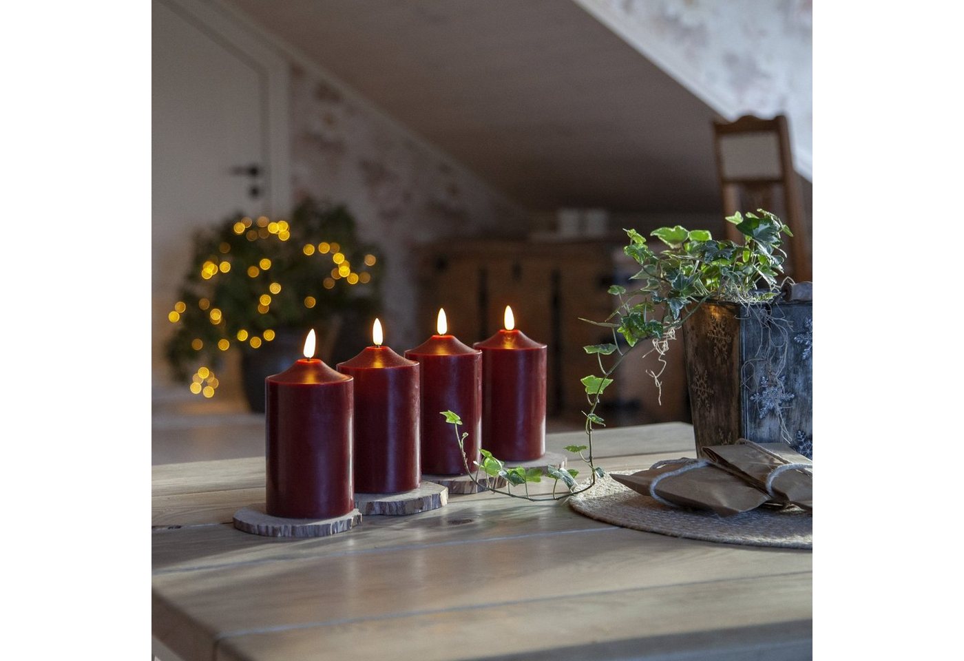 MARELIDA LED-Kerze LED Kerzenset Adventskerzen Weihnachten Echtwachs Timer rot 4 Stück, LED Classic, warmweiß (2100K bis 3000K)