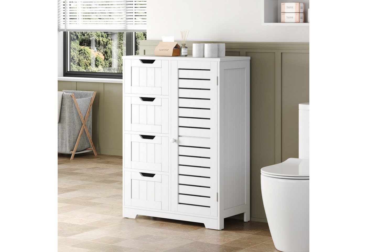 Mondeer Badkommode Badezimmerschrank (Moderne Shutter Design), mit 4 Schubladen 1 Tür,56 x 30 x 82,5cm, Weiß