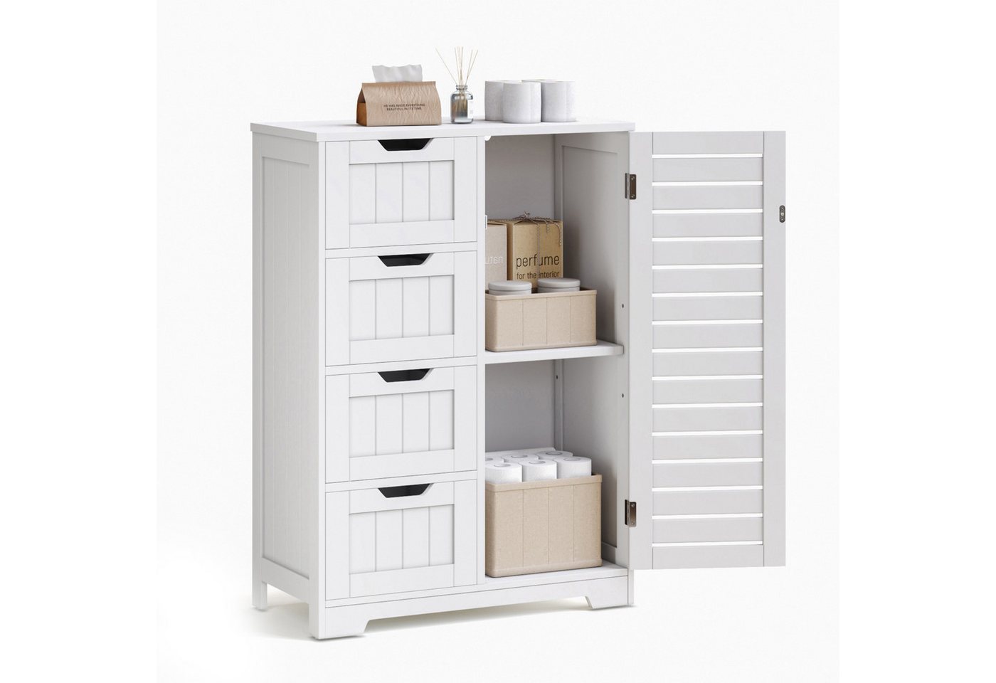 Mondeer Badkommode Badezimmerschrank (Moderne Shutter Design), mit 4 Schubladen 1 Tür,56 x 30 x 82,5cm, Weiß Bild 2