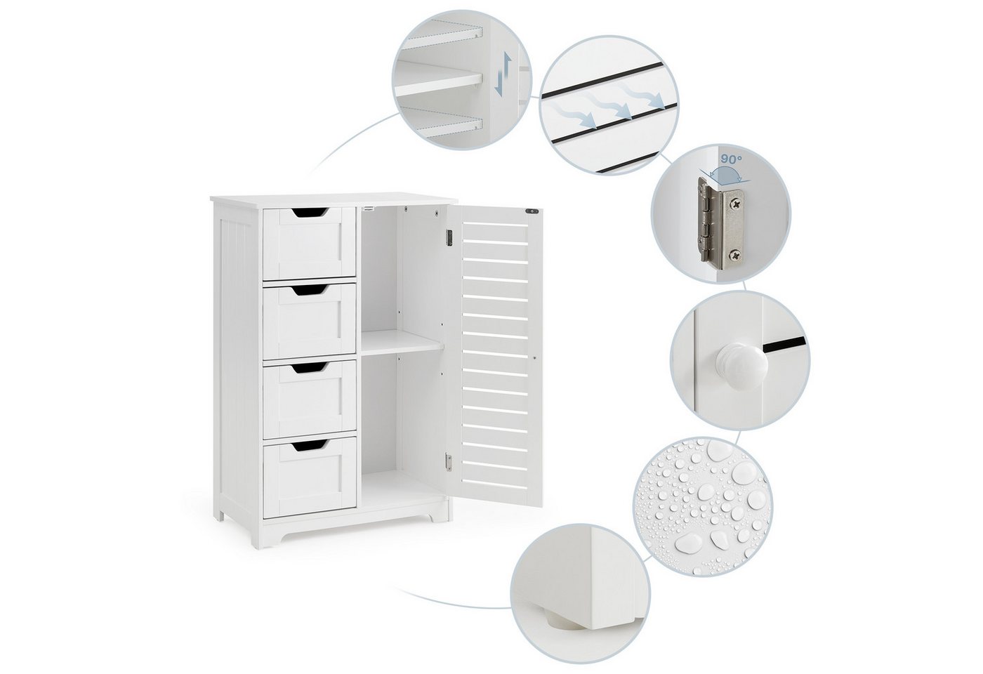 Mondeer Badkommode Badezimmerschrank (Moderne Shutter Design), mit 4 Schubladen 1 Tür,56 x 30 x 82,5cm, Weiß Bild 4