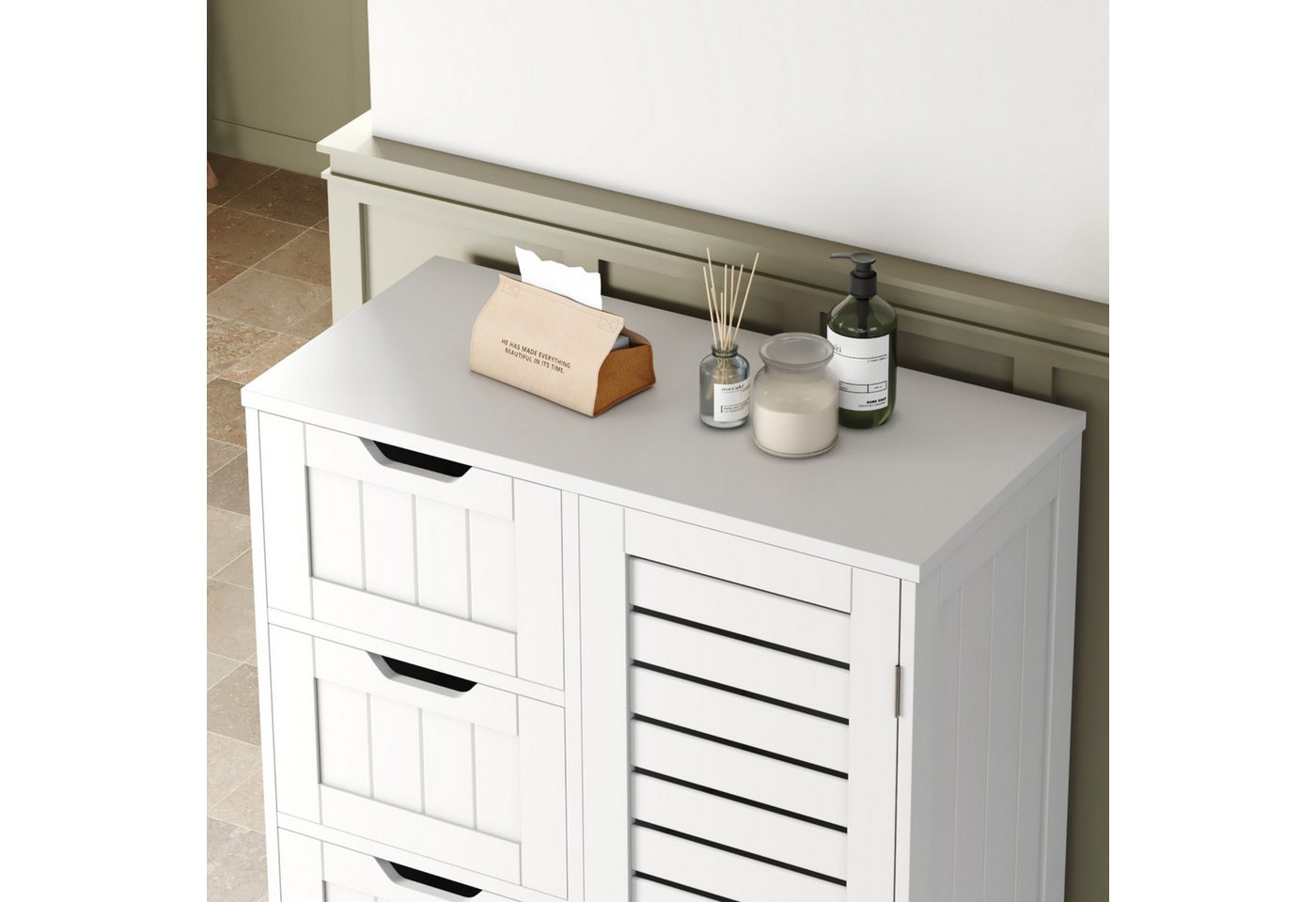 Mondeer Badkommode Badezimmerschrank (Moderne Shutter Design), mit 4 Schubladen 1 Tür,56 x 30 x 82,5cm, Weiß Bild 5