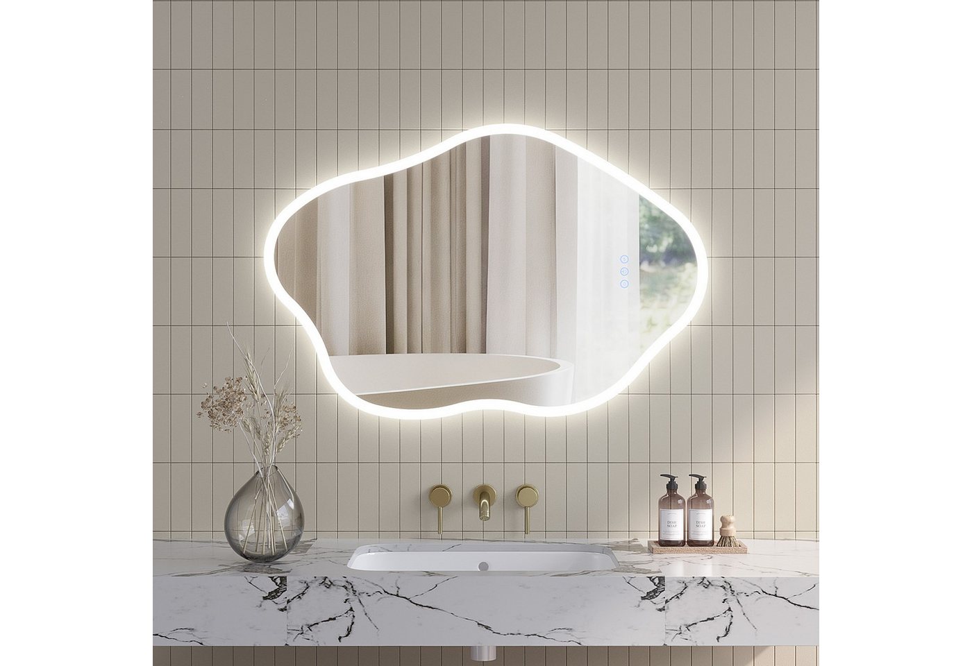 AQUABATOS Badspiegel Badspiegel mit Beleuchtung Dekospiegel Asymmetrischer Wandspiegel, 90x60 /60 x90 cm Netral/Warm/Kaltweiß, Antibeschlag LED-Touch Dimmbar Bild 2
