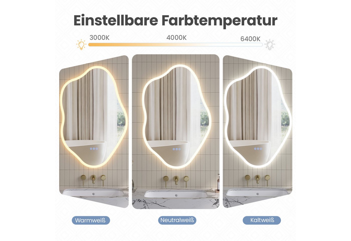 AQUABATOS Badspiegel Badspiegel mit Beleuchtung Dekospiegel Asymmetrischer Wandspiegel, 90x60 /60 x90 cm Netral/Warm/Kaltweiß, Antibeschlag LED-Touch Dimmbar Bild 3