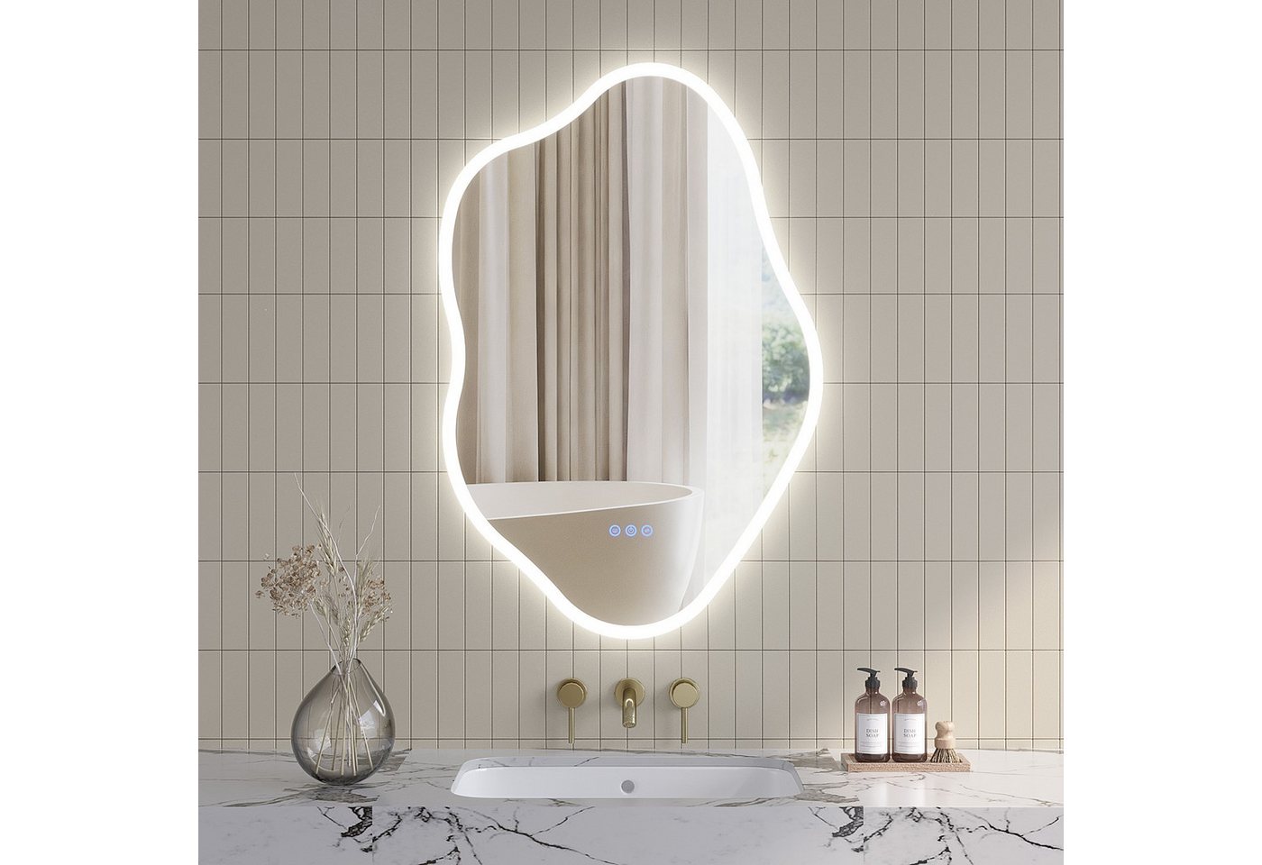 AQUABATOS Badspiegel Badspiegel mit Beleuchtung Dekospiegel Asymmetrischer Wandspiegel, 90x60 /60 x90 cm Netral/Warm/Kaltweiß, Antibeschlag LED-Touch Dimmbar Bild 4
