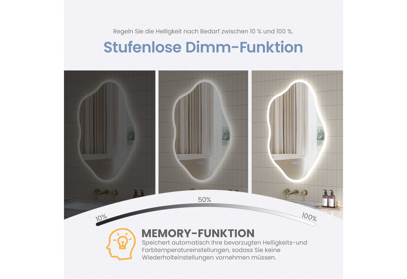 AQUABATOS Badspiegel Badspiegel mit Beleuchtung Dekospiegel Asymmetrischer Wandspiegel, 90x60 /60 x90 cm Netral/Warm/Kaltweiß, Antibeschlag LED-Touch Dimmbar Bild 5