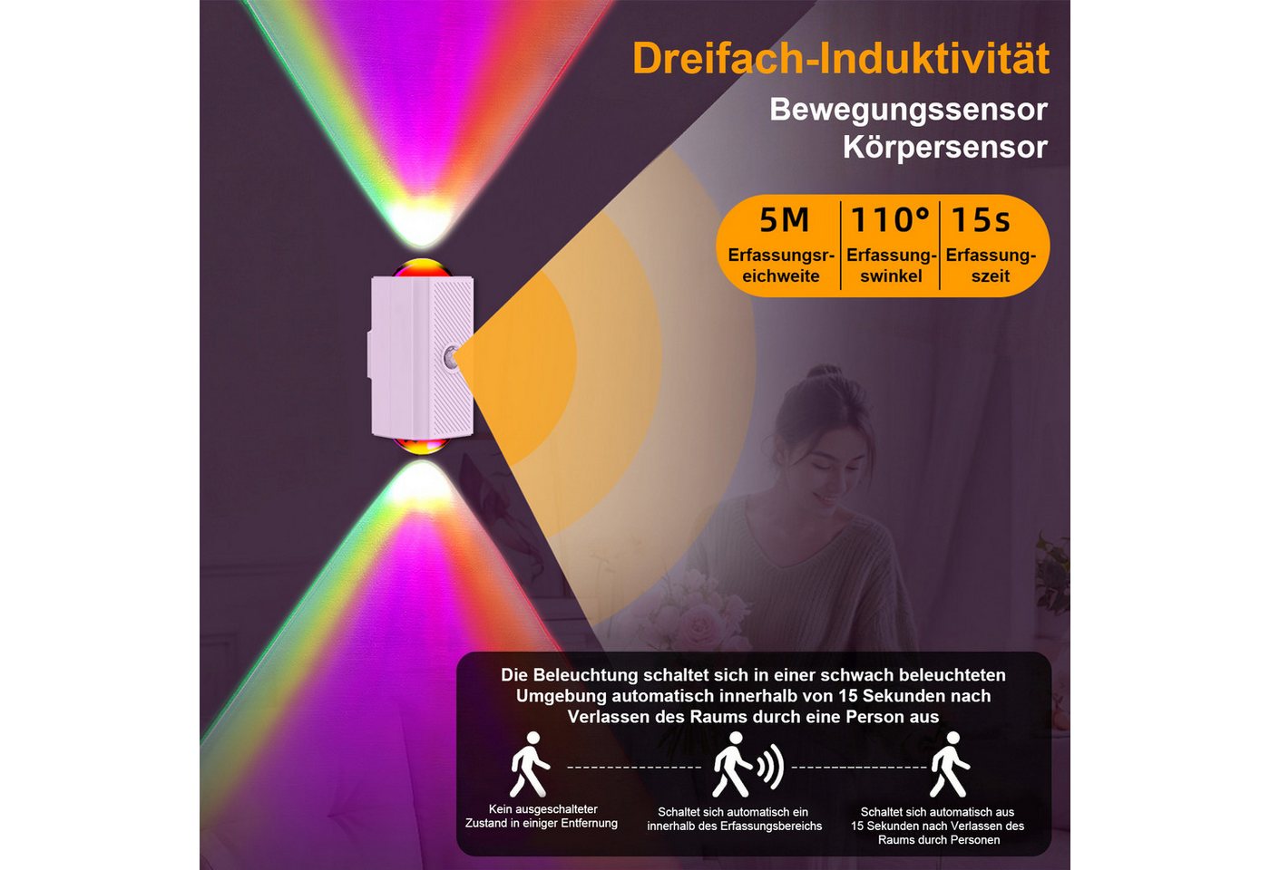Rosnek LED Nachtlicht mit Bewegungsmelder, Akku, RGB, dimmbar, magnetisch, aufladbar, LED fest integriert, Treppenlicht mit Dämmerungssensor für Flur, Schrank & Schlafzimmer Bild 2