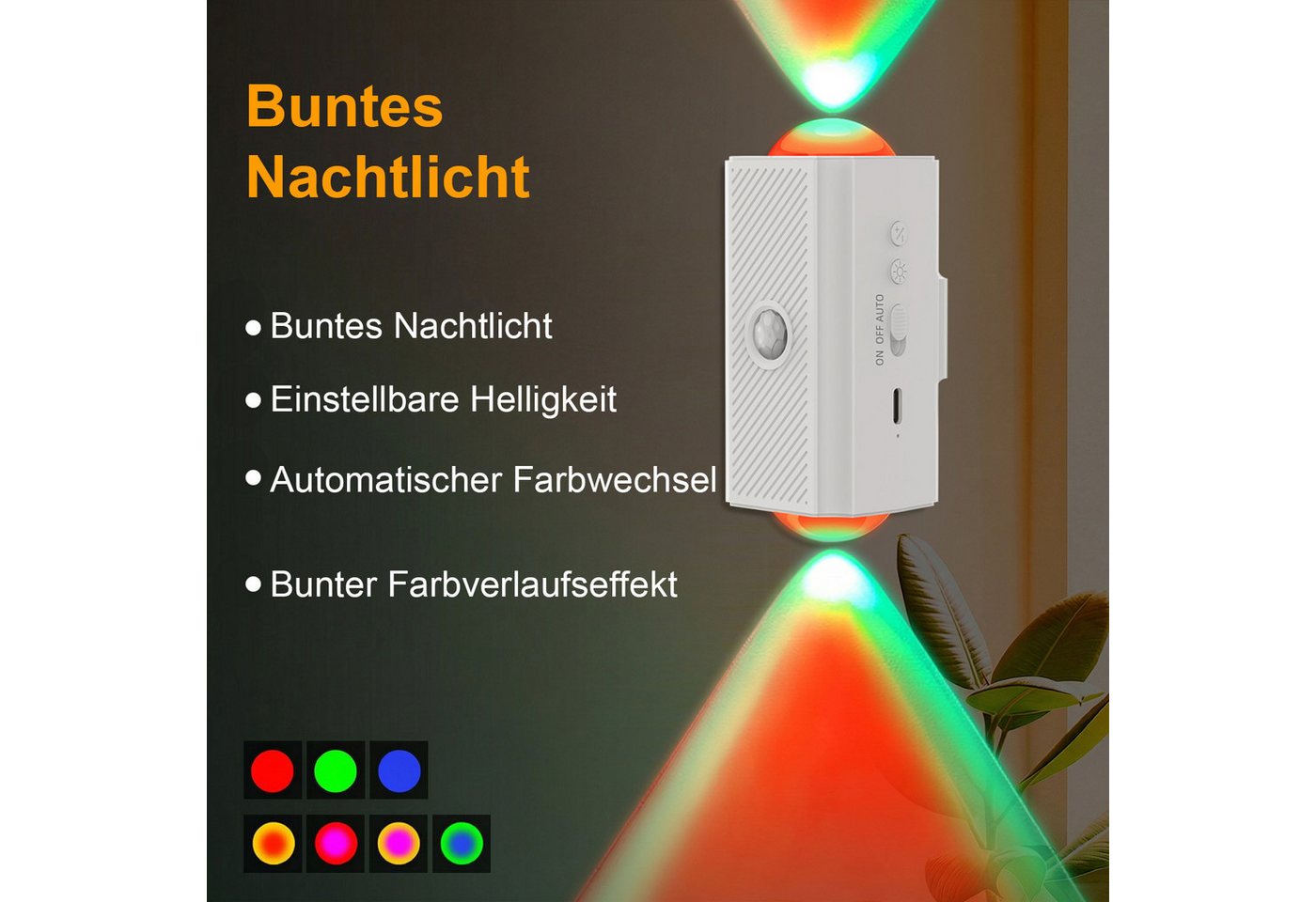 Rosnek LED Nachtlicht mit Bewegungsmelder, Akku, RGB, dimmbar, magnetisch, aufladbar, LED fest integriert, Treppenlicht mit Dämmerungssensor für Flur, Schrank & Schlafzimmer Bild 4