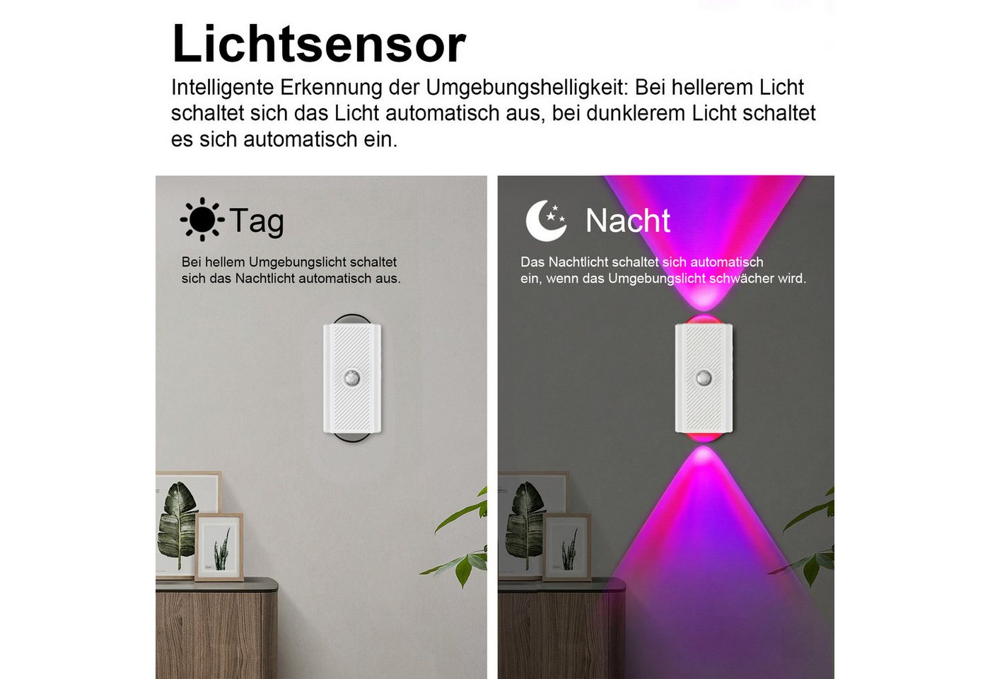 Rosnek LED Nachtlicht mit Bewegungsmelder, Akku, RGB, dimmbar, magnetisch, aufladbar, LED fest integriert, Treppenlicht mit Dämmerungssensor für Flur, Schrank & Schlafzimmer Bild 5