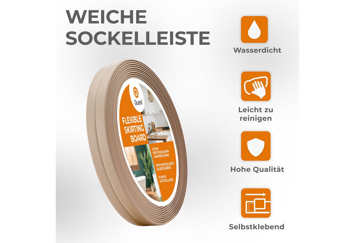 Quest Sockelleiste Weichsockelleiste Selbstklebend 10x10 mm, L: 500 cm, H: 1,00 cm, Packung, 1-St., wasserfest, UV-beständig, für Küche & Bad Bild 5