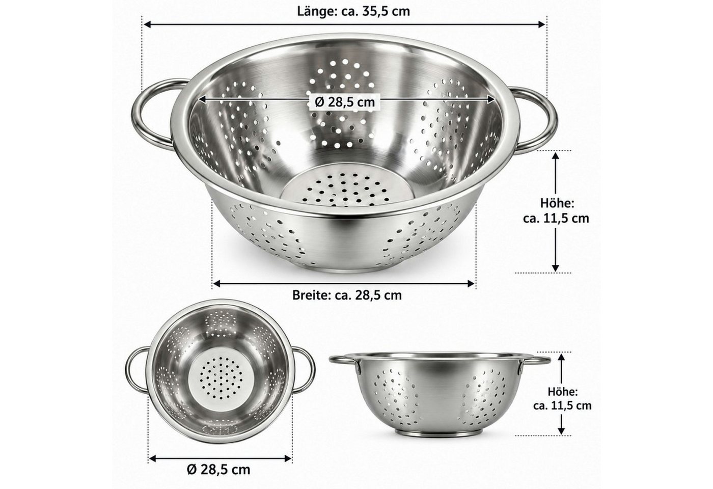 Haushalt International Im- und Export GmbH Küchensieb Nudelsieb Abtropfsieb Seiher Ø28,5cm, Edelstahl, (Stück, 1-St., Packung), Edelstahl, Klassisch, Silberfarben, Tragehenkel