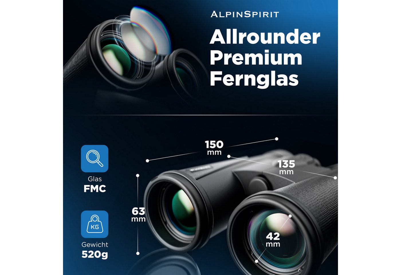 AlpinSpirit Fernglas 10x42 inkl. Tasche & Zubehör (Testsieger) – für Brillenträger Fernglas (10x42, Ideal für Sport, Reise, Freizeit - FMC & BAK4) Bild 4