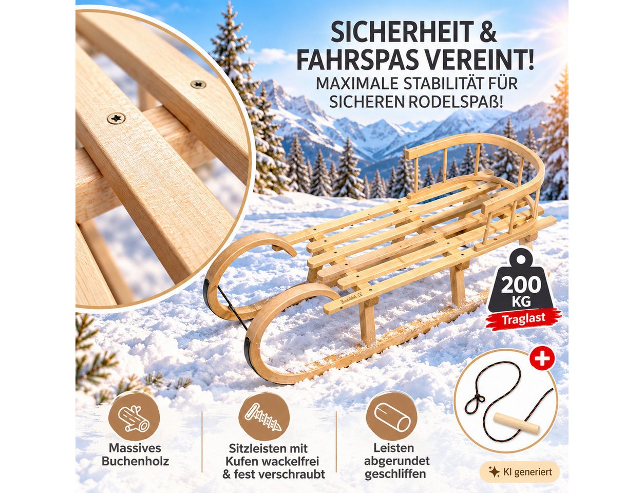 BambiniWelt by Rafael K. Hörnerrodel Holzschlitten mit Rückenlehne & Seil 120cm (2 Personen), 200 KG Belastbarkeit - abnehmbare Rückenlehne - Zugseil mit Holzgriff Bild 5