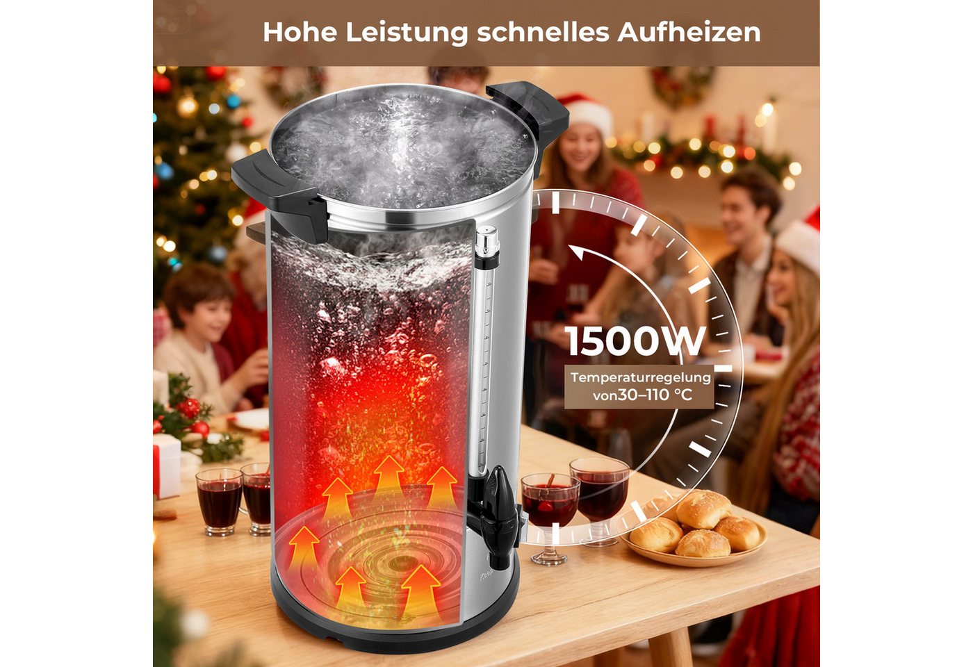 FOHERE Einkoch- und Glühweinautomat 10L Heißgetränke, 30-110°, mit Auffangschale, Überhitzungsschutz, 1500 W, mit Füllstandsanzeige, silber Bild 4