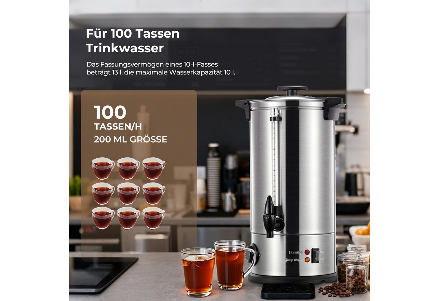 FOHERE Einkoch- und Glühweinautomat 10L Heißgetränke, 30-110°, mit Auffangschale, Überhitzungsschutz, 1500 W, mit Füllstandsanzeige, silber Bild 5