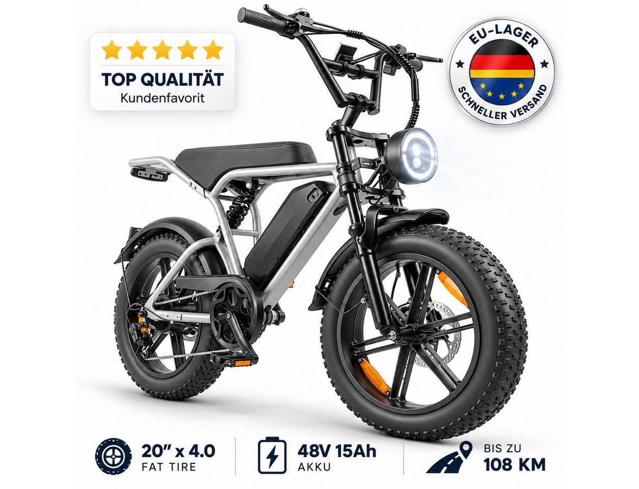 ELEKWHEELS E-Bike Fatbike 20" Fatbike, 48V 15Ah Akku bis 108km, 250W Motor 80Nm, 7 Gang Shimano, Kettenschaltung, Vollfederung Bild 5