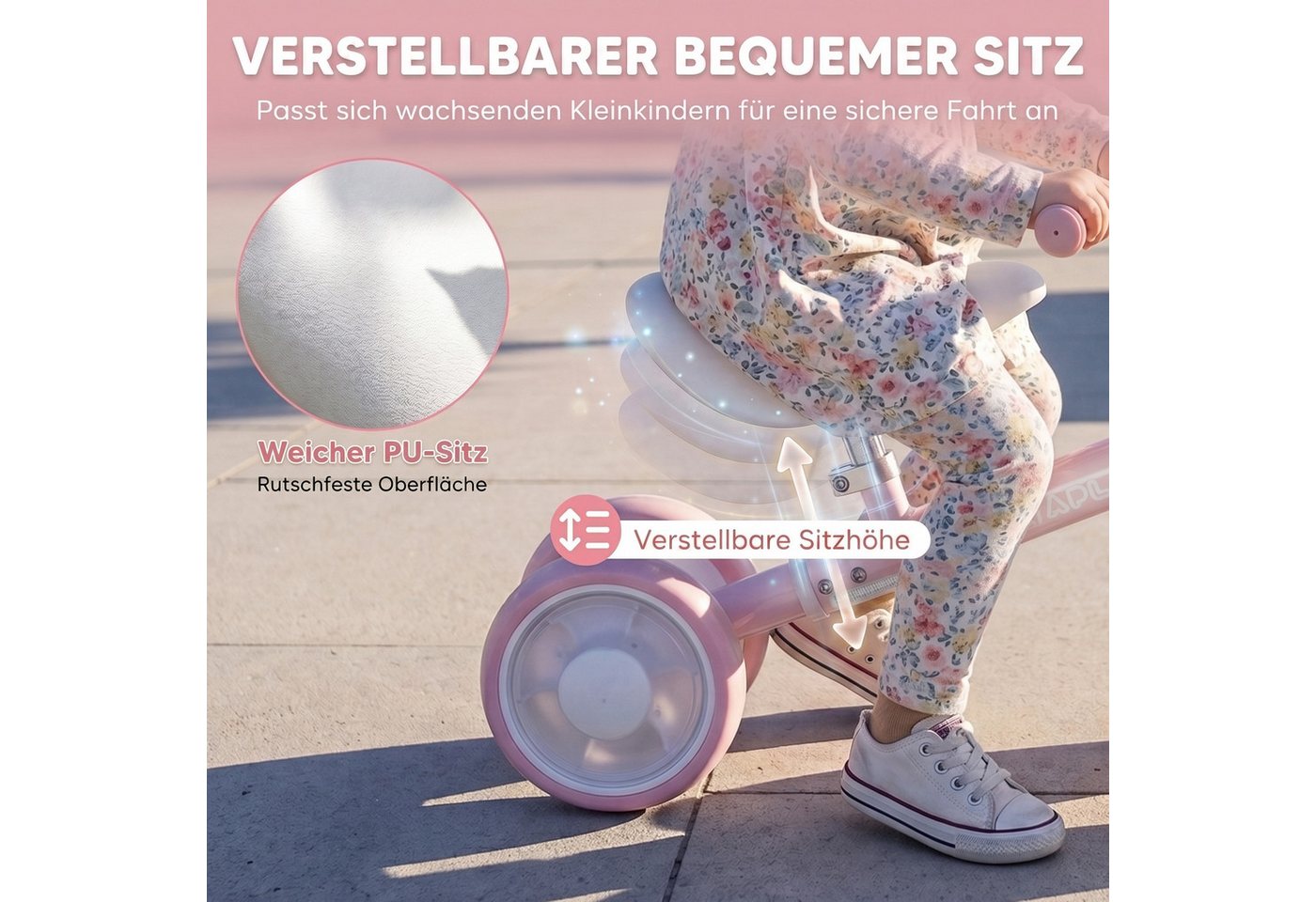 AIYAPLAY Laufrad mit verstellbarem Sitz 6 Zoll, 4 blinkende Räder, 135° Lenkbegrenzung Bild 2