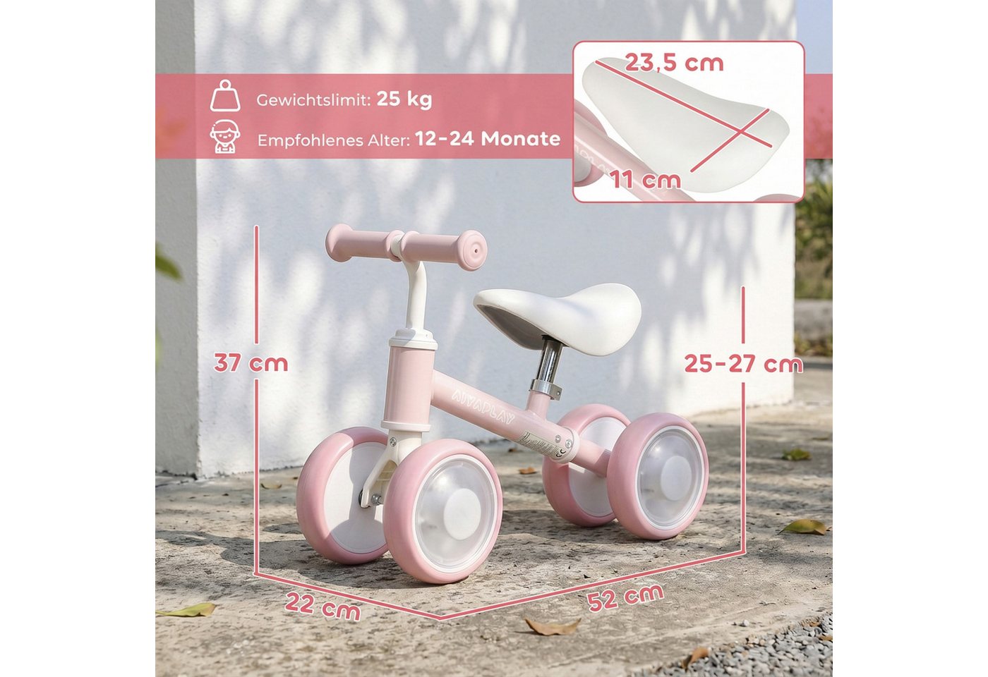AIYAPLAY Laufrad mit verstellbarem Sitz 6 Zoll, 4 blinkende Räder, 135° Lenkbegrenzung Bild 3