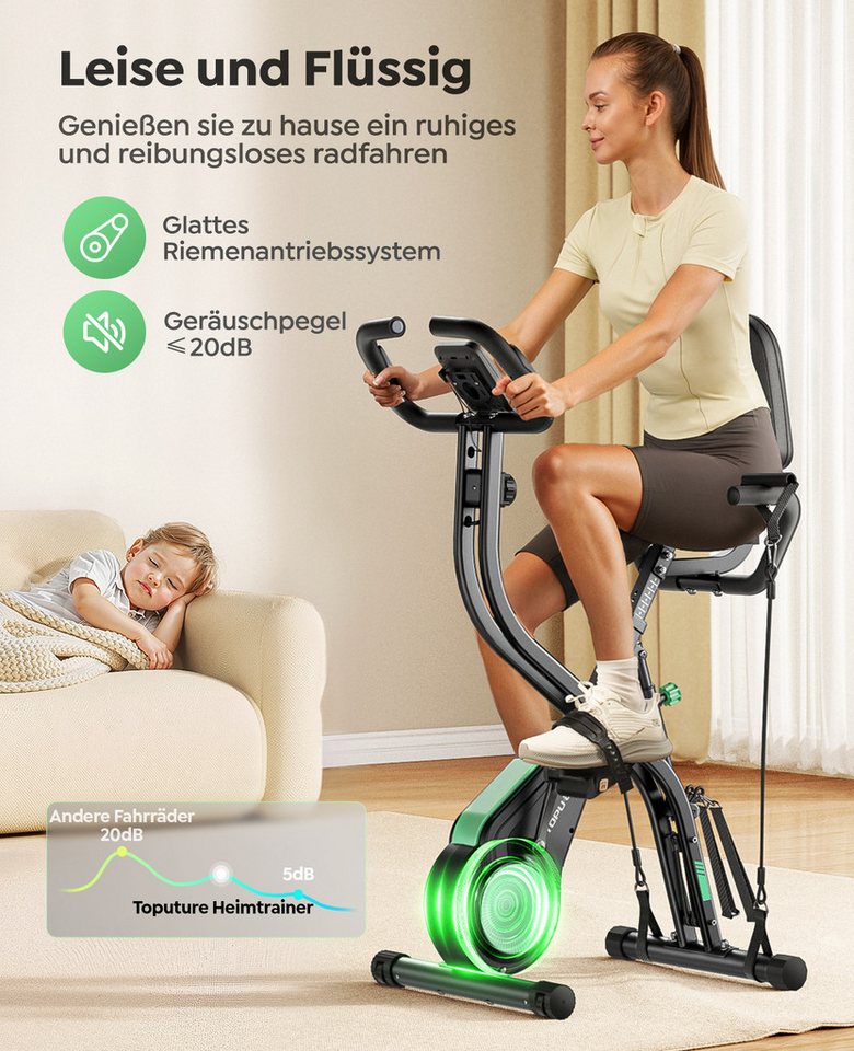 Toputure Heimtrainer Fahrrad Klappbar mit App, 5-in-1 Fitnessbike mit Hand-Bein-Zugseilen, 16 Magnetwiderstand, Indoor Hometrainer bis 140 KG, Ultraleise