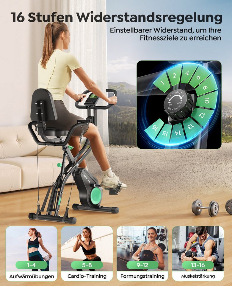 Toputure Heimtrainer Fahrrad Klappbar mit App, 5-in-1 Fitnessbike mit Hand-Bein-Zugseilen, 16 Magnetwiderstand, Indoor Hometrainer bis 140 KG, Ultraleise Bild 2