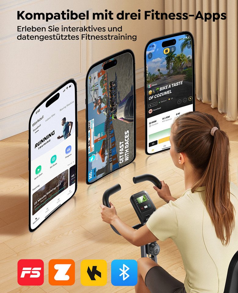Toputure Heimtrainer Fahrrad Klappbar mit App, 5-in-1 Fitnessbike mit Hand-Bein-Zugseilen, 16 Magnetwiderstand, Indoor Hometrainer bis 140 KG, Ultraleise Bild 4