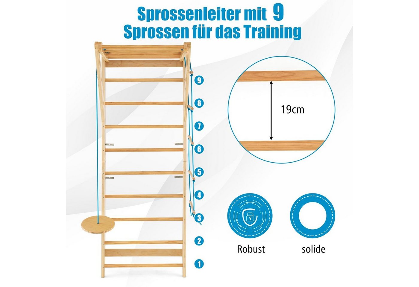 COSTWAY Sprossenwand Turnwand, aus Holz, bis 100 kg, mit Seilleiter