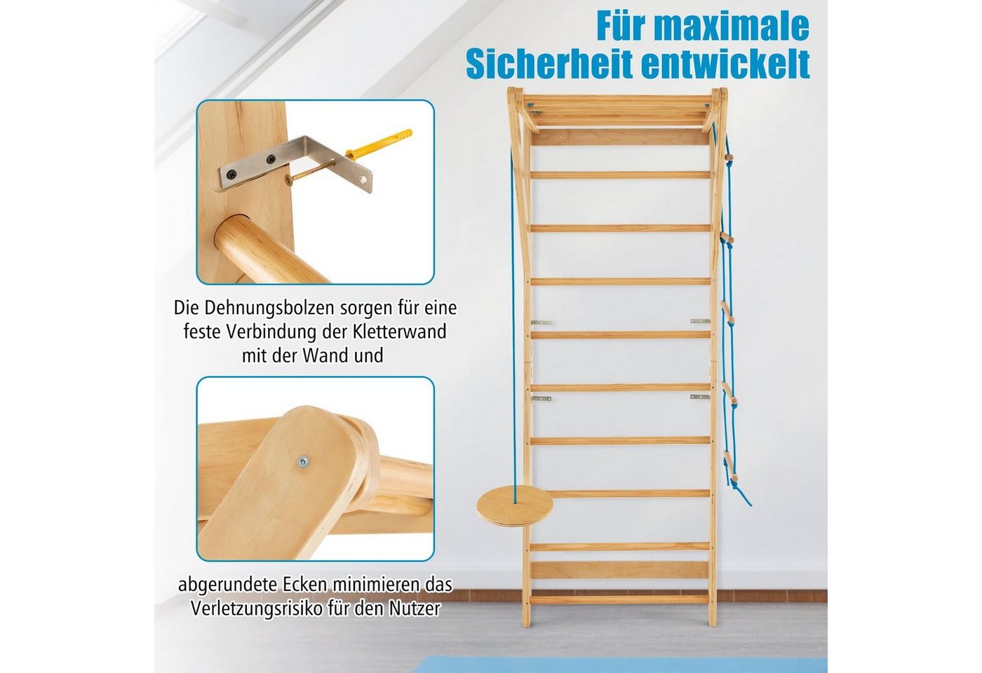 COSTWAY Sprossenwand Turnwand, aus Holz, bis 100 kg, mit Seilleiter Bild 2