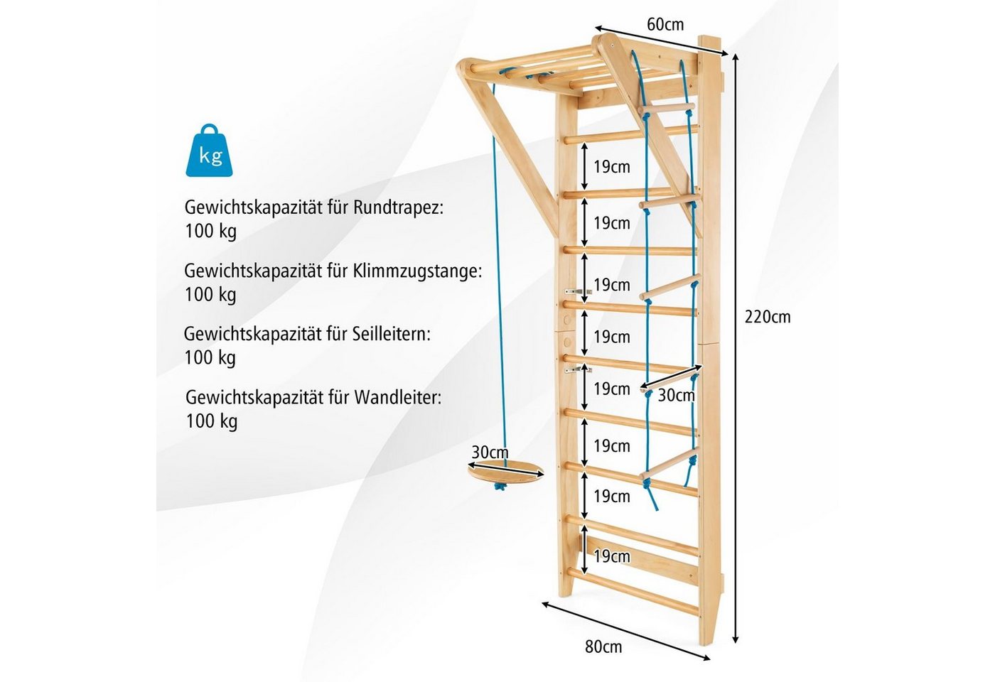 COSTWAY Sprossenwand Turnwand, aus Holz, bis 100 kg, mit Seilleiter Bild 5