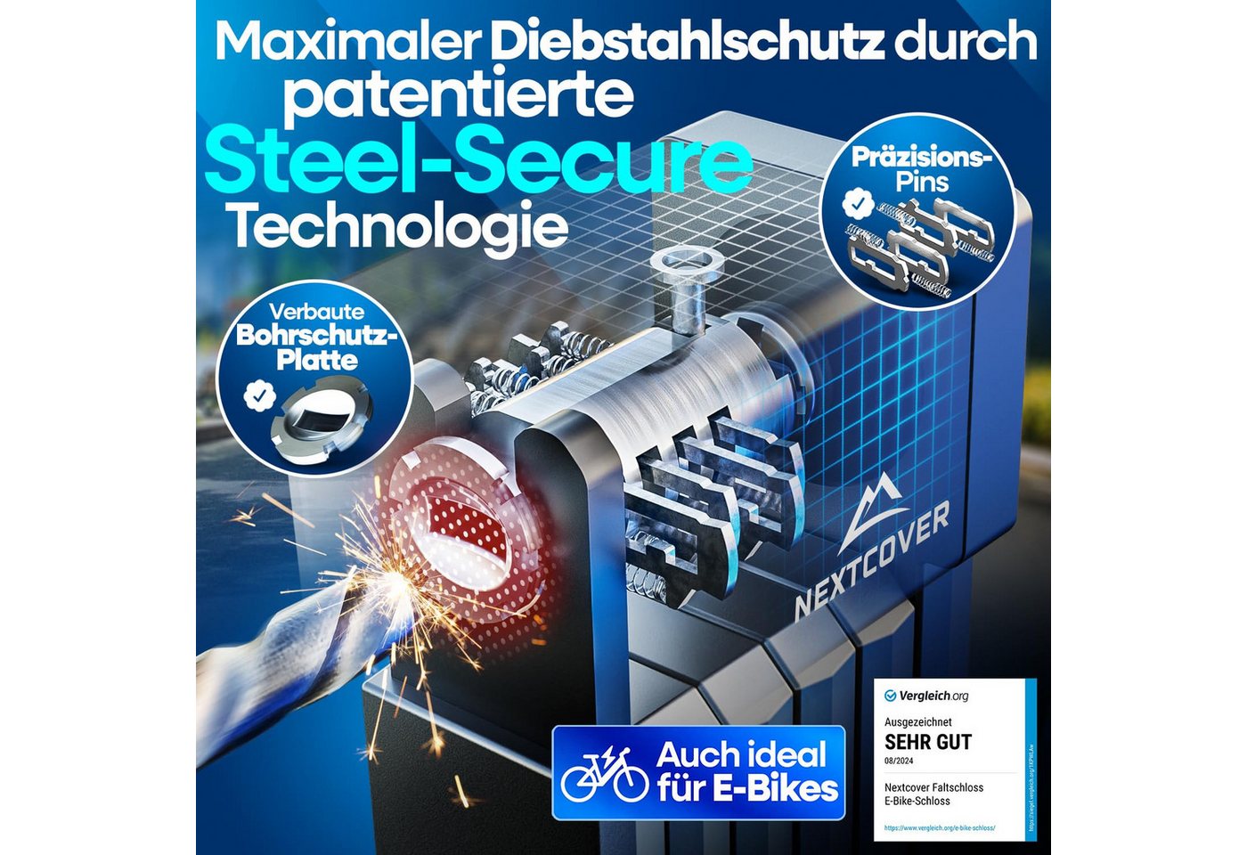 Nextcover Faltschloss SteelSecure mit Halterung, ca. 100 oder 120 cm, Schlüssel oder Code Bild 2