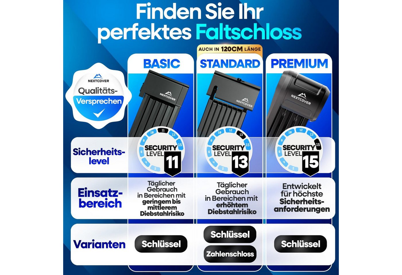 Nextcover Faltschloss SteelSecure mit Halterung, ca. 100 oder 120 cm, Schlüssel oder Code Bild 4