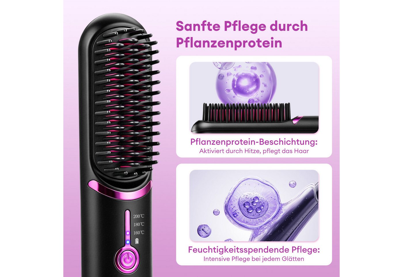 HS Onsing Elektrohaarbürste kabellose beheizte Haarglättungsbürste 3 Temperaturstufen 160-200℃, Negativ-Ionen-Technologie max. 60min Nutzungsdauer Bild 4