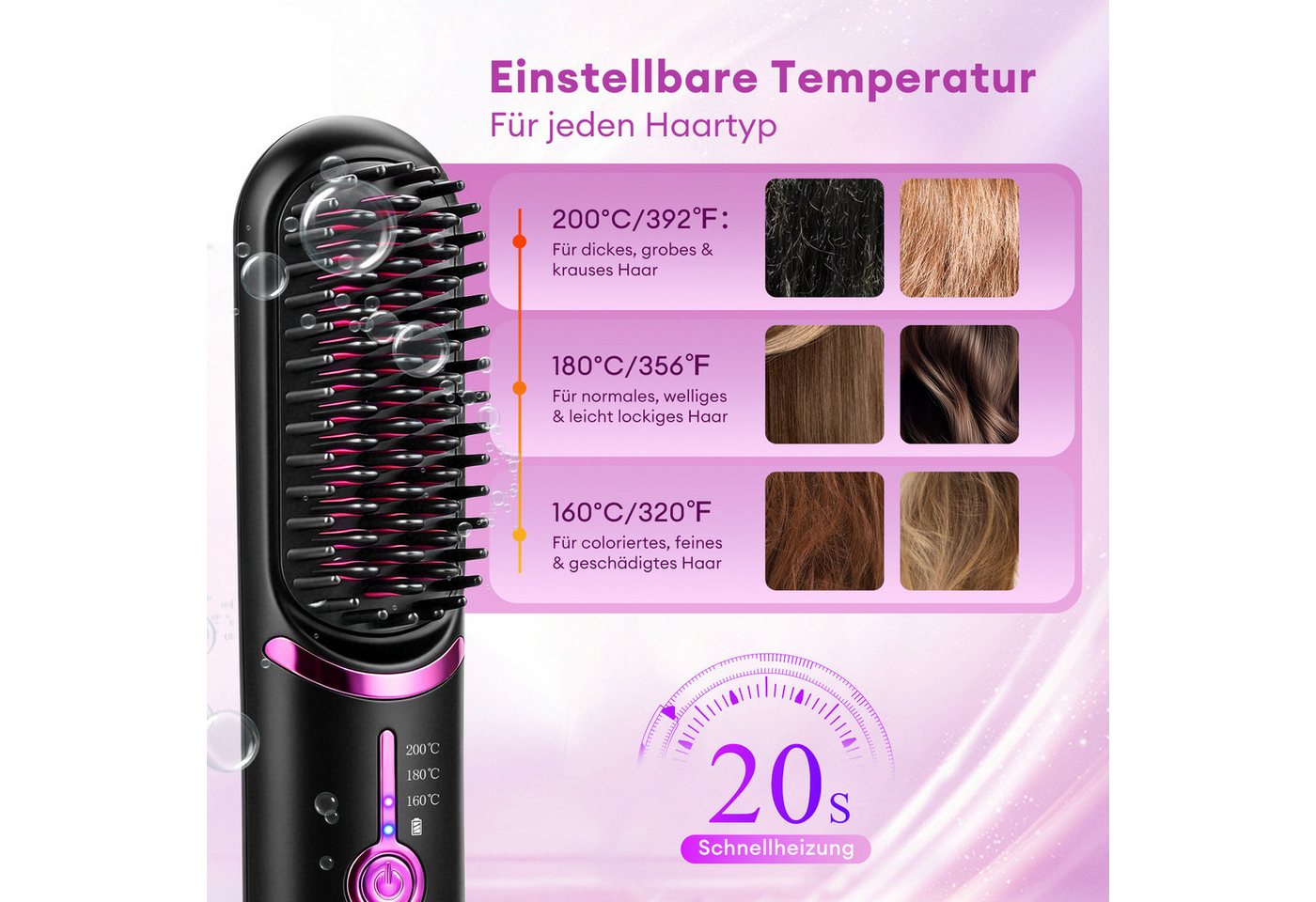 HS Onsing Elektrohaarbürste kabellose beheizte Haarglättungsbürste 3 Temperaturstufen 160-200℃, Negativ-Ionen-Technologie max. 60min Nutzungsdauer Bild 5